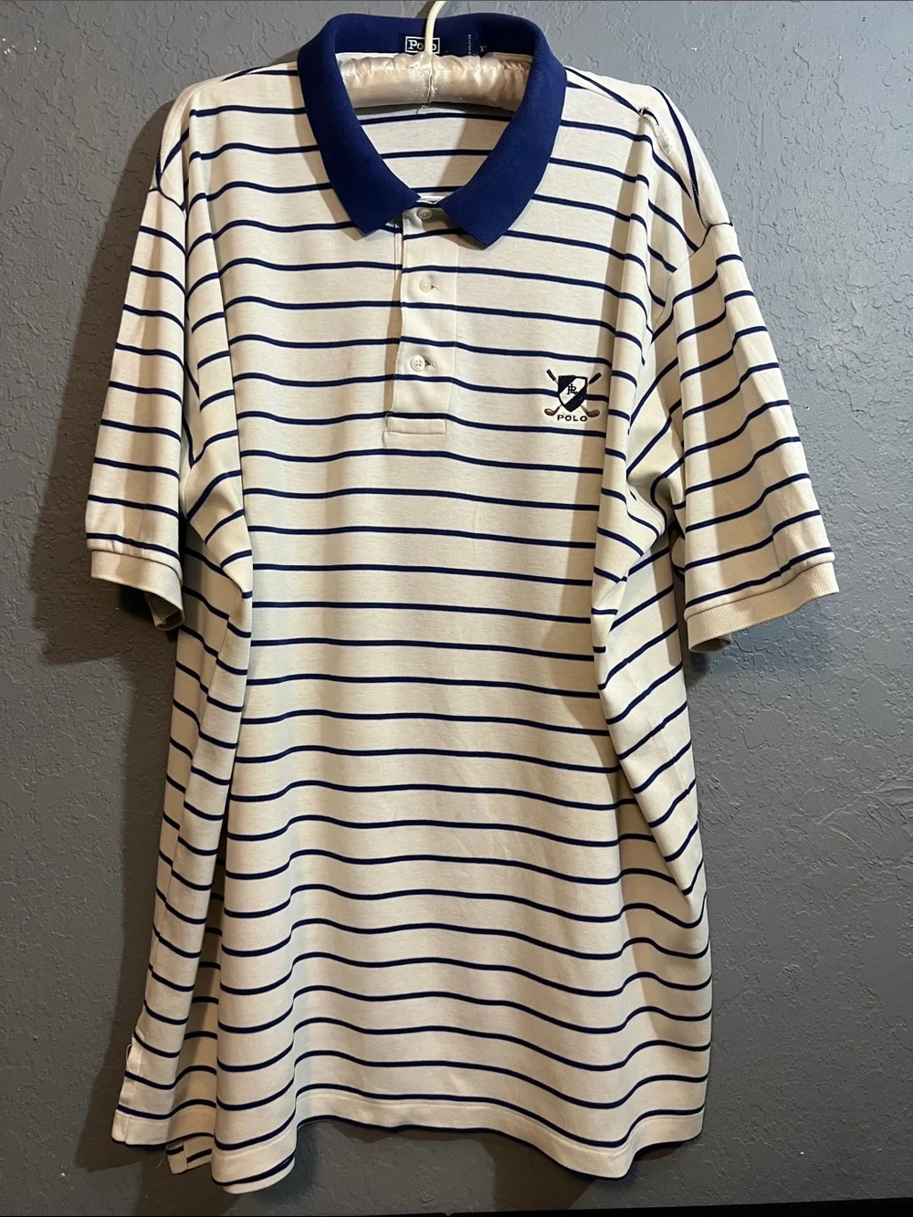 Polo by Ralph Lauren Cream Polo with Navy Stripes and Navy Collar
